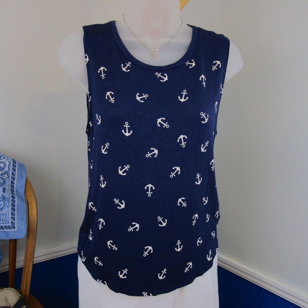 Love J Navy Blue Anchor Print Flowy Tank Top